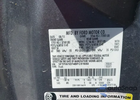 2011 Ford F-150 Xlt z USA, uszkodzony, nr VIN 1FTFW1EF4BFC51650